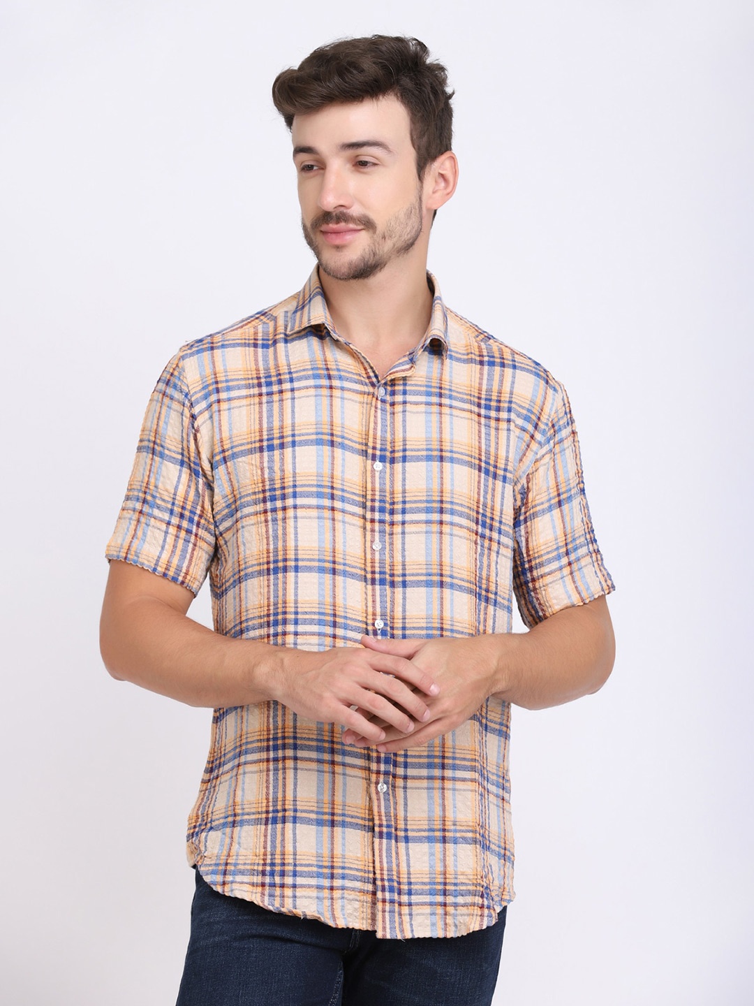 

JJAAGG T Men Beige Classic Slim Fit Tartan Checks Checked Casual Shirt