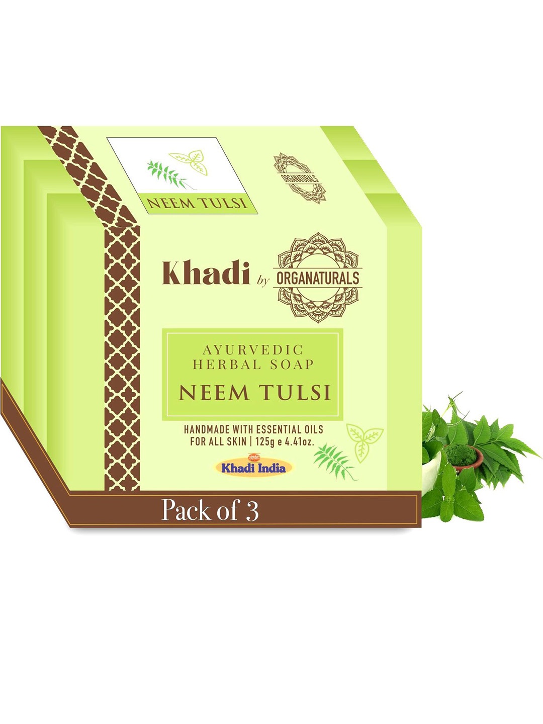 

ORGANATURALS Khadi Set of 3 Neem Tulsi Ayurvedic Herbal Soaps - 125g each, Green