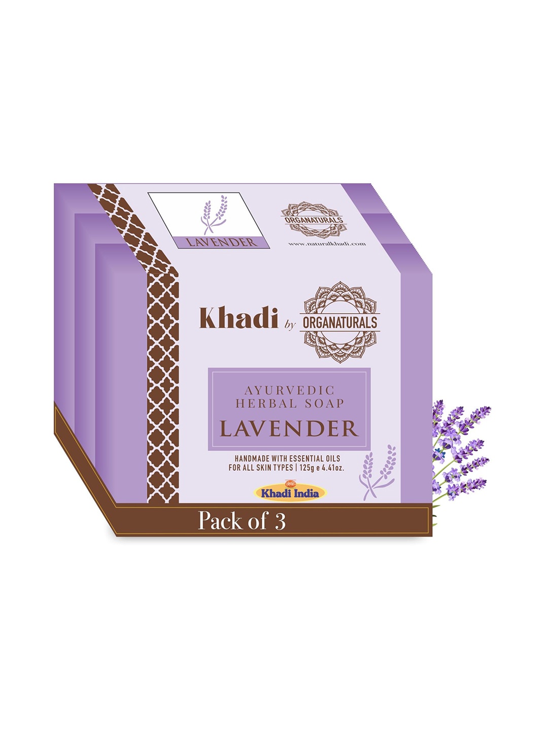 

ORGANATURALS Khadi Set of 3 Lavender Ayurvedic Herbal Soaps - 125g each