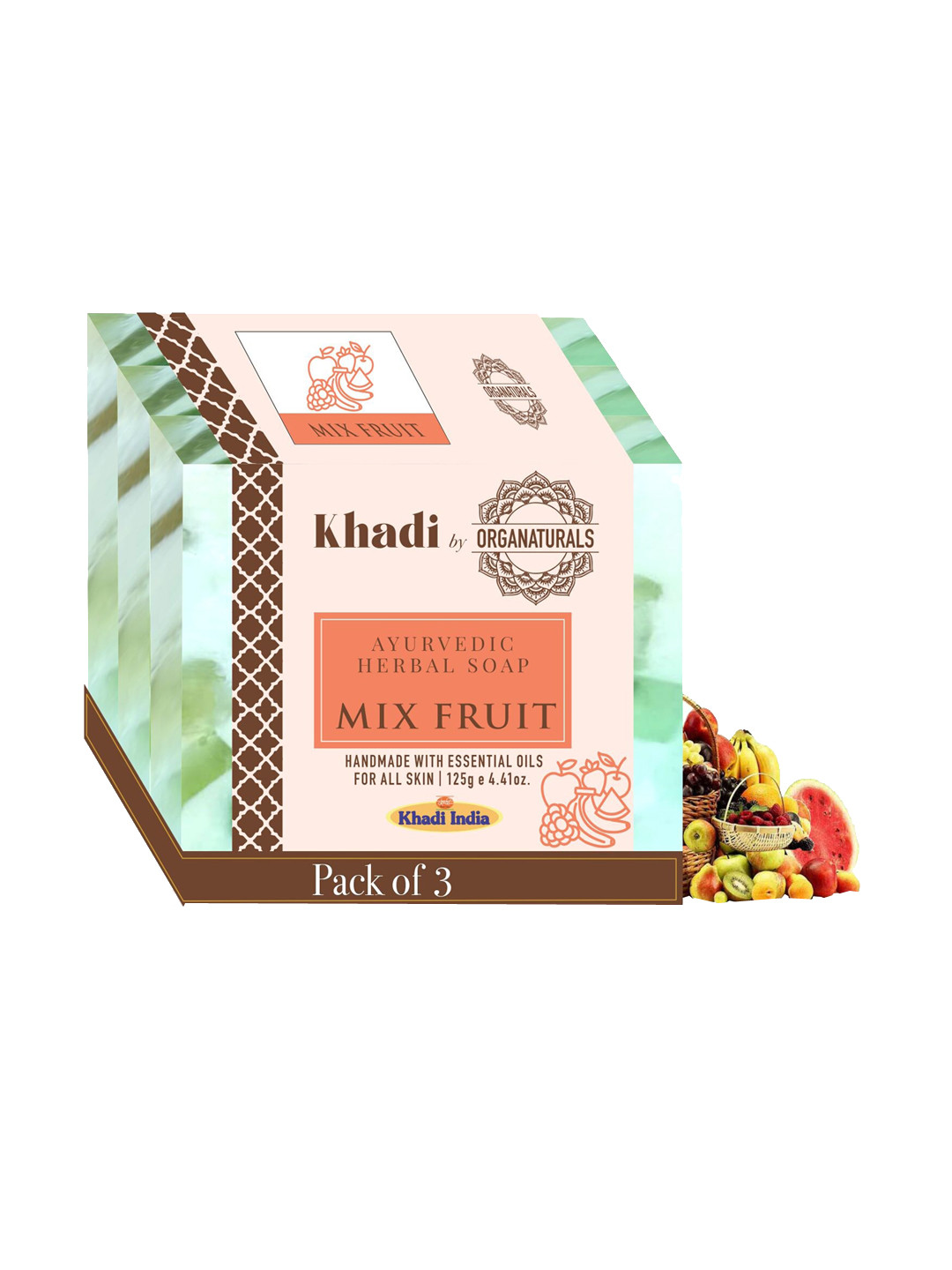 

ORGANATURALS Khadi Set of 3 Mix Fruit Ayurvedic Herbal Soaps - 125g each, Orange
