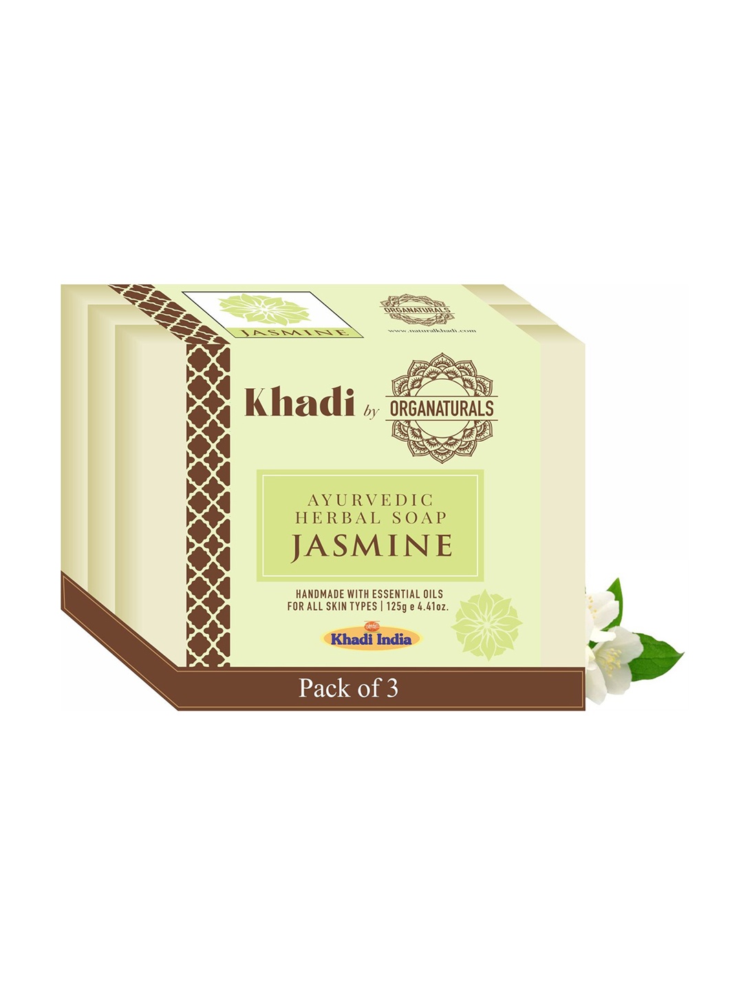 

ORGANATURALS Khadi Set of 3 Jasmine Ayurvedic Herbal Soaps - 125g each, White