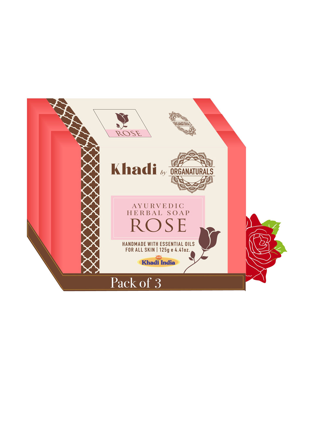 

ORGANATURALS Khadi Set of 3 Rose Ayurvedic Herbal Soaps - 125g each, Red