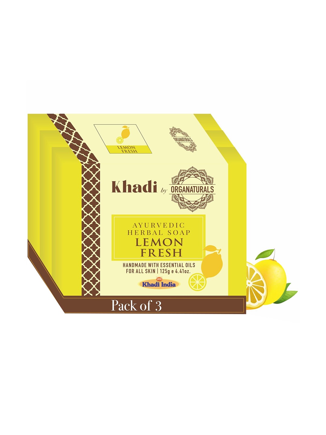 

ORGANATURALS Khadi Set of 3 Lemon Fresh Ayurvedic Herbal Soaps - 125g each, Yellow