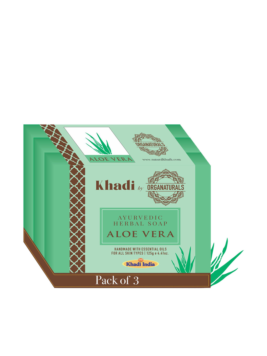 

ORGANATURALS Khadi Set of 3 Aloe Vera Ayurvedic Herbal Soaps - 125g each, Green