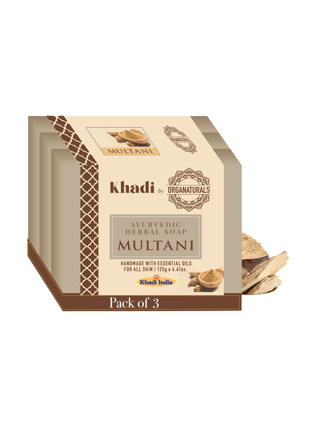 

ORGANATURALS Khadi Set of 3 Multani Ayurvedic Herbal Soaps - 125g each, Beige