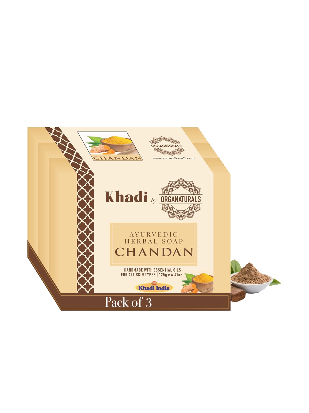 

ORGANATURALS Khadi Set of 3 Chandan Ayurvedic Herbal Soaps - 125g each, Yellow
