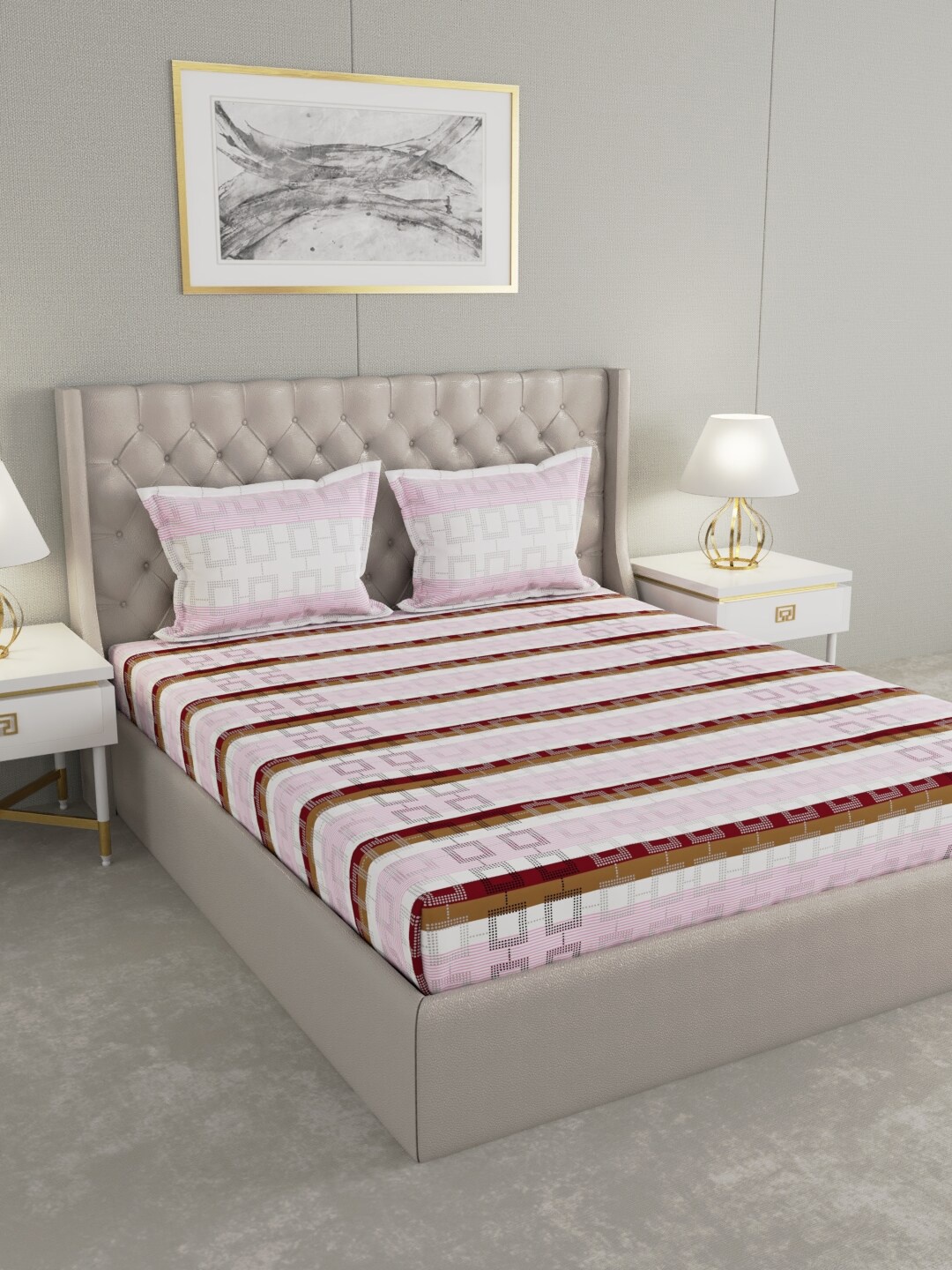 

Raymond Home Pink & Maroon Striped 144 TC Queen Bedsheet with 2 Pillow Covers