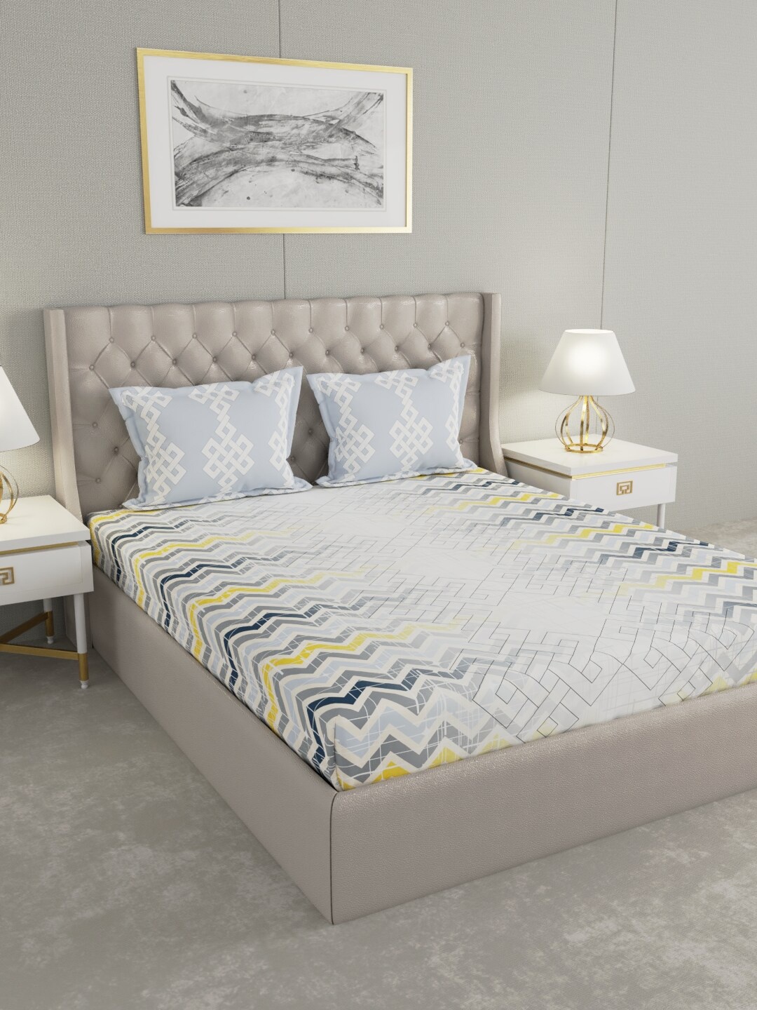

Raymond Home White & Yellow Geometric 144 TC Cotton Queen Bedsheet with 2 Pillow Covers