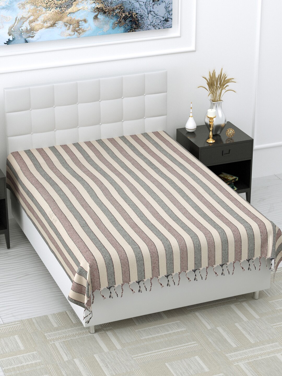 

Varde Cream-Coloured & Grey Striped 180 TC Single Bedsheet