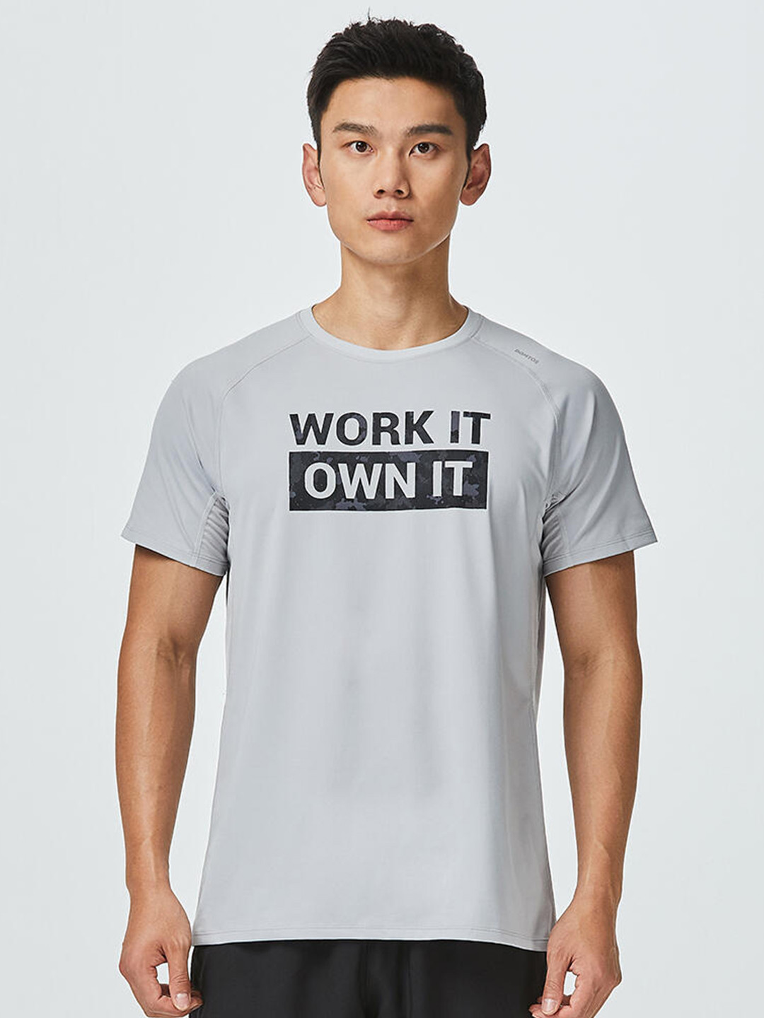 

Domyos By Decathlon Men Grey Typography Printed Training T-shirt