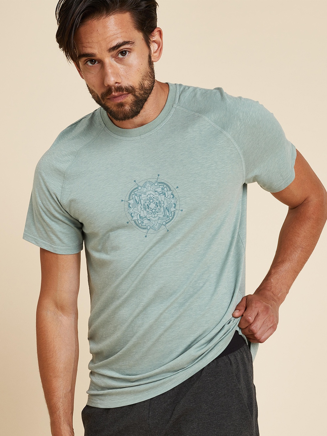

Domyos By Decathlon Men Khaki Printed Yoga T-shirt