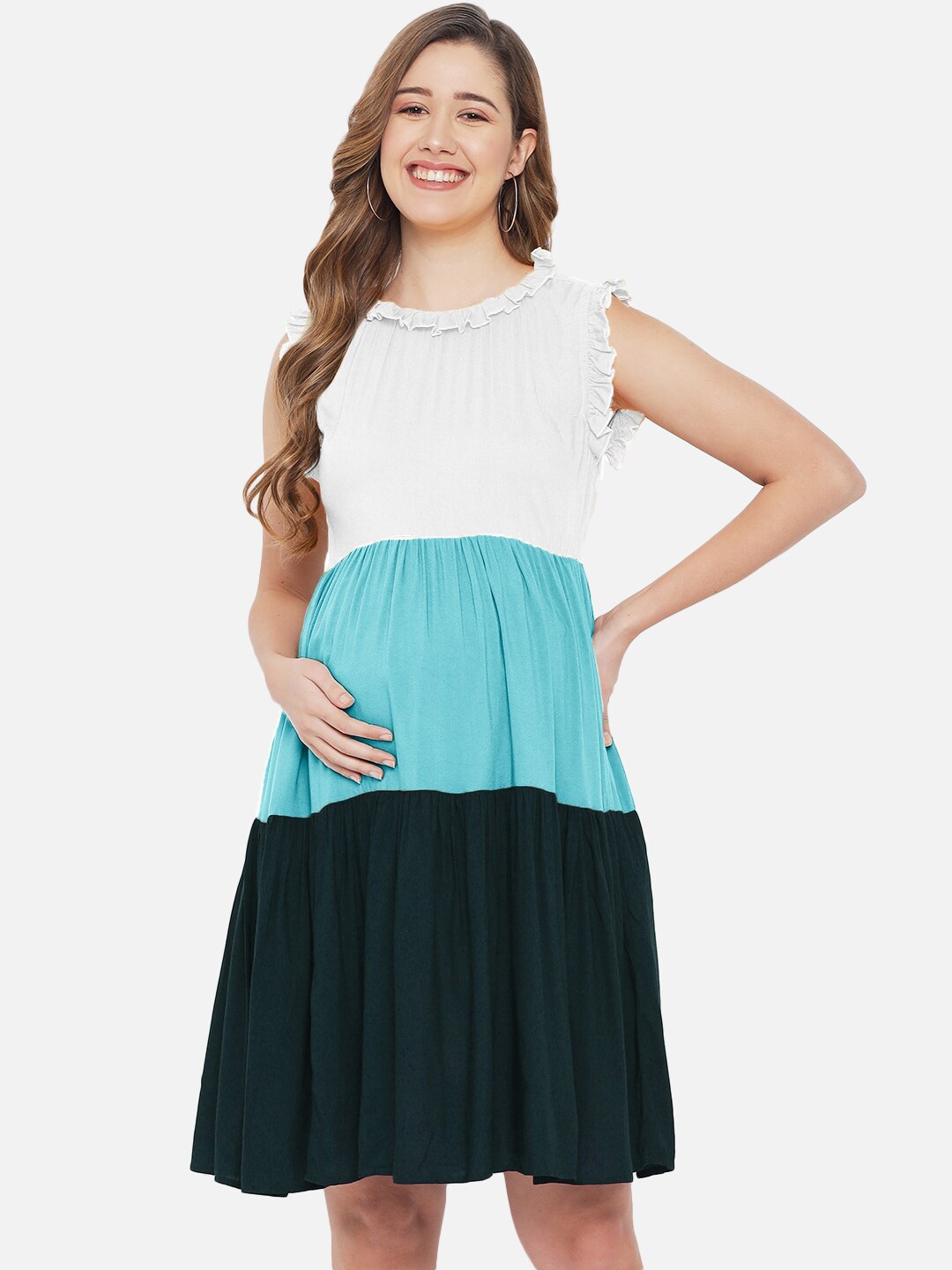 

The Dry State Women White & Blue Colourblocked Maternity Dress