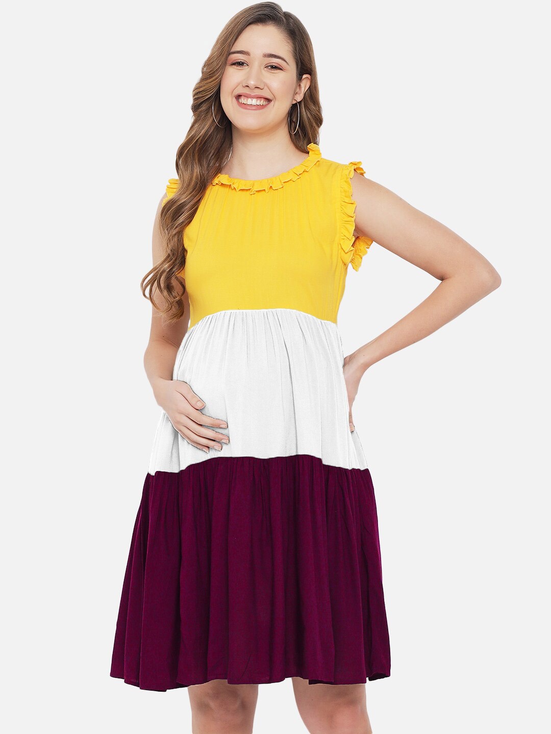 

The Dry State Maternity Women Yellow & White Colourblocked Maternity Dress