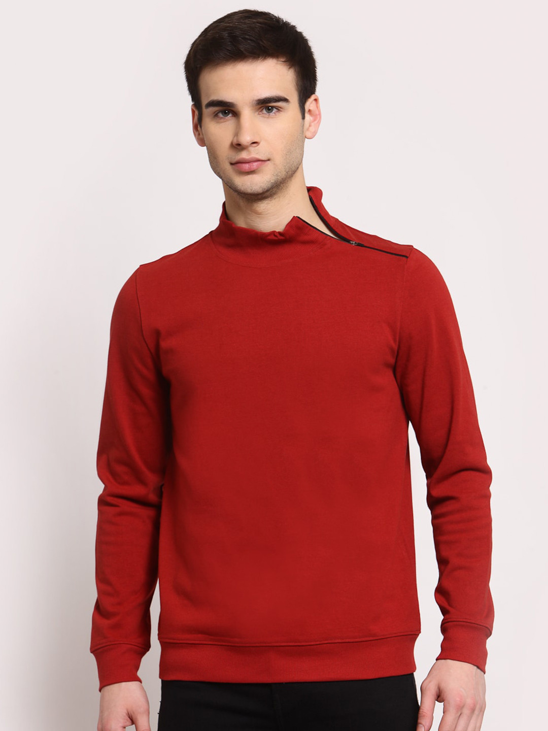 

YOONOY Men Burgundy Solid Turtle Neck Sweatshirt, Red
