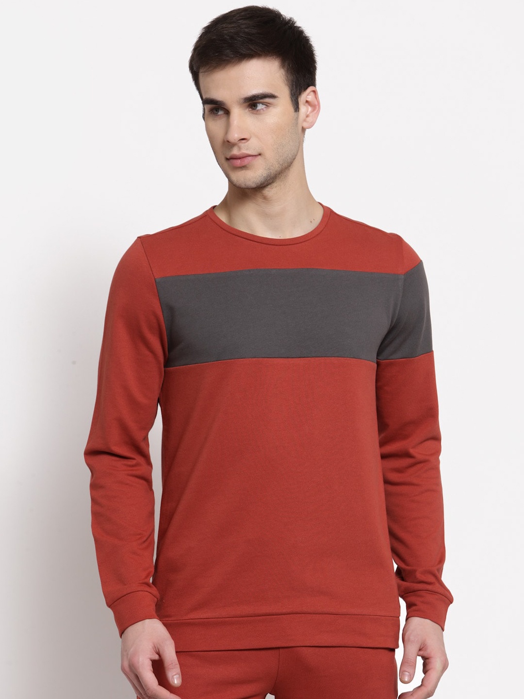 

YOONOY Men Rust & Grey Colourblocked Sweatshirt