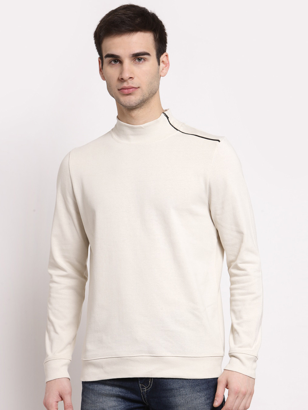 

YOONOY Men Beige Stretchable Organic Cotton Sweatshirt