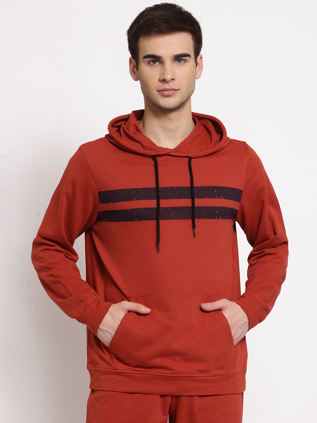 

YOONOY Men Orange Striped Organic Cotton Hooded Sweatshirt