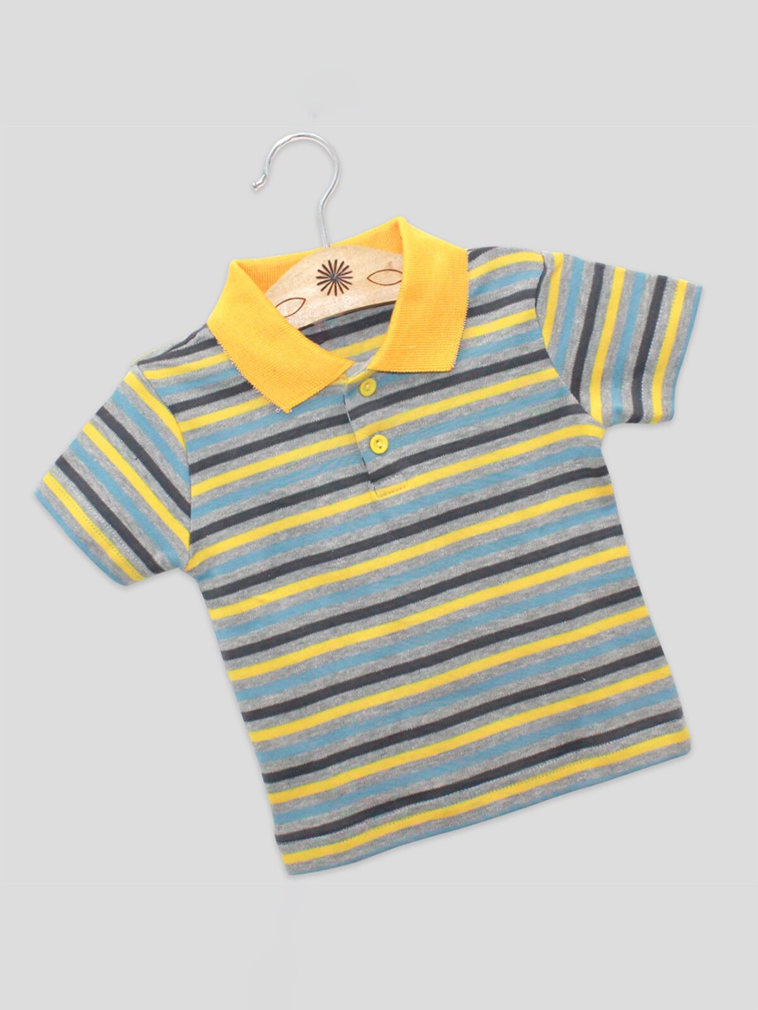 

Born Babies Kids Yellow Striped Henley Neck Extended Sleeves T-shirt