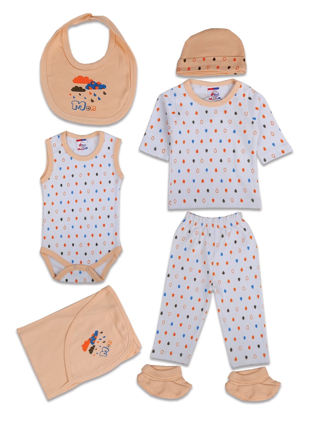 

V-Mart Kids 8 Pieces Peach Colored & White Printed Pure Cotton Apparel Gift Set