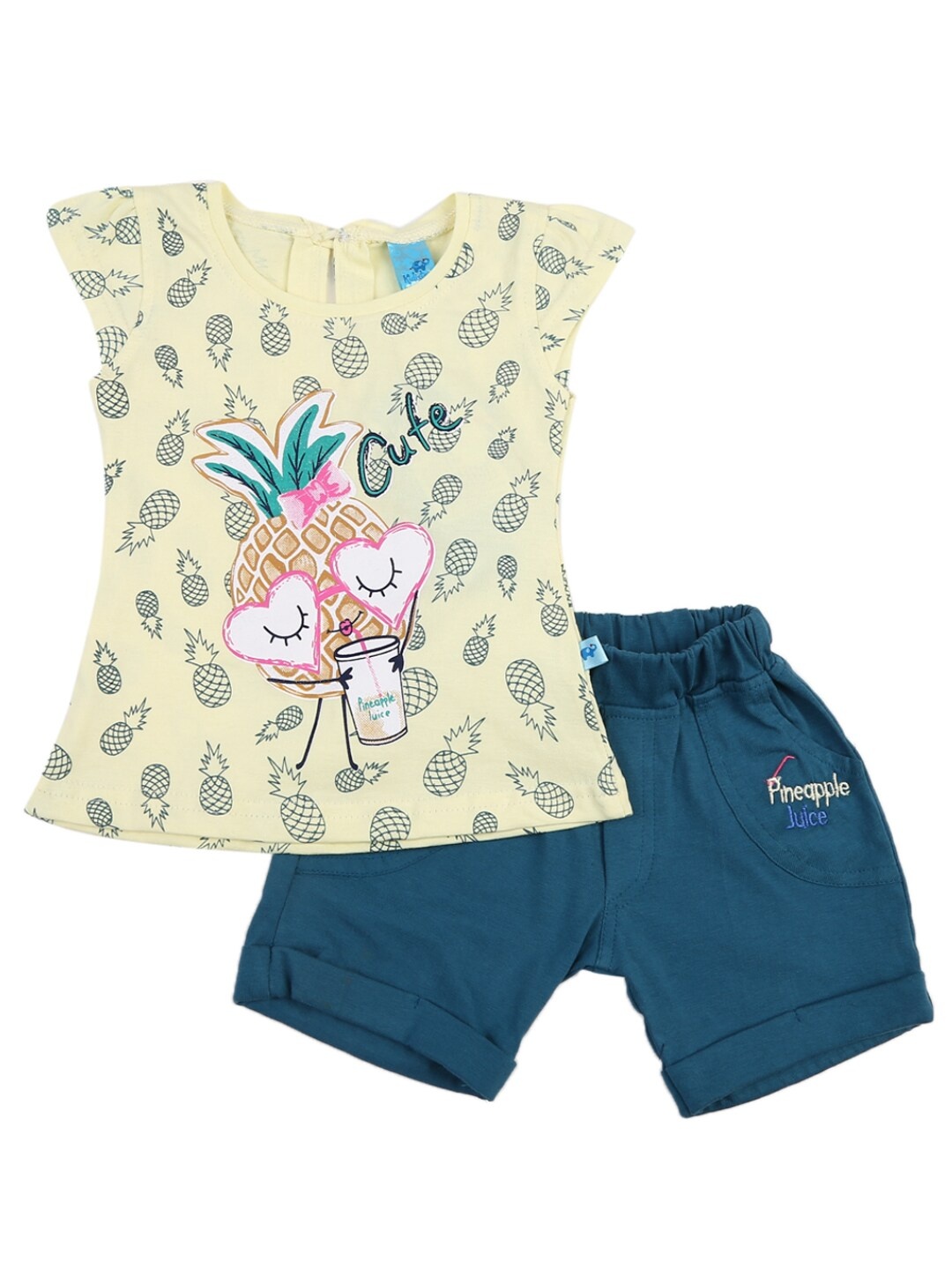 

V-Mart Girls Cream-Coloured & Teal Printed Cotton T-shirt with Shorts