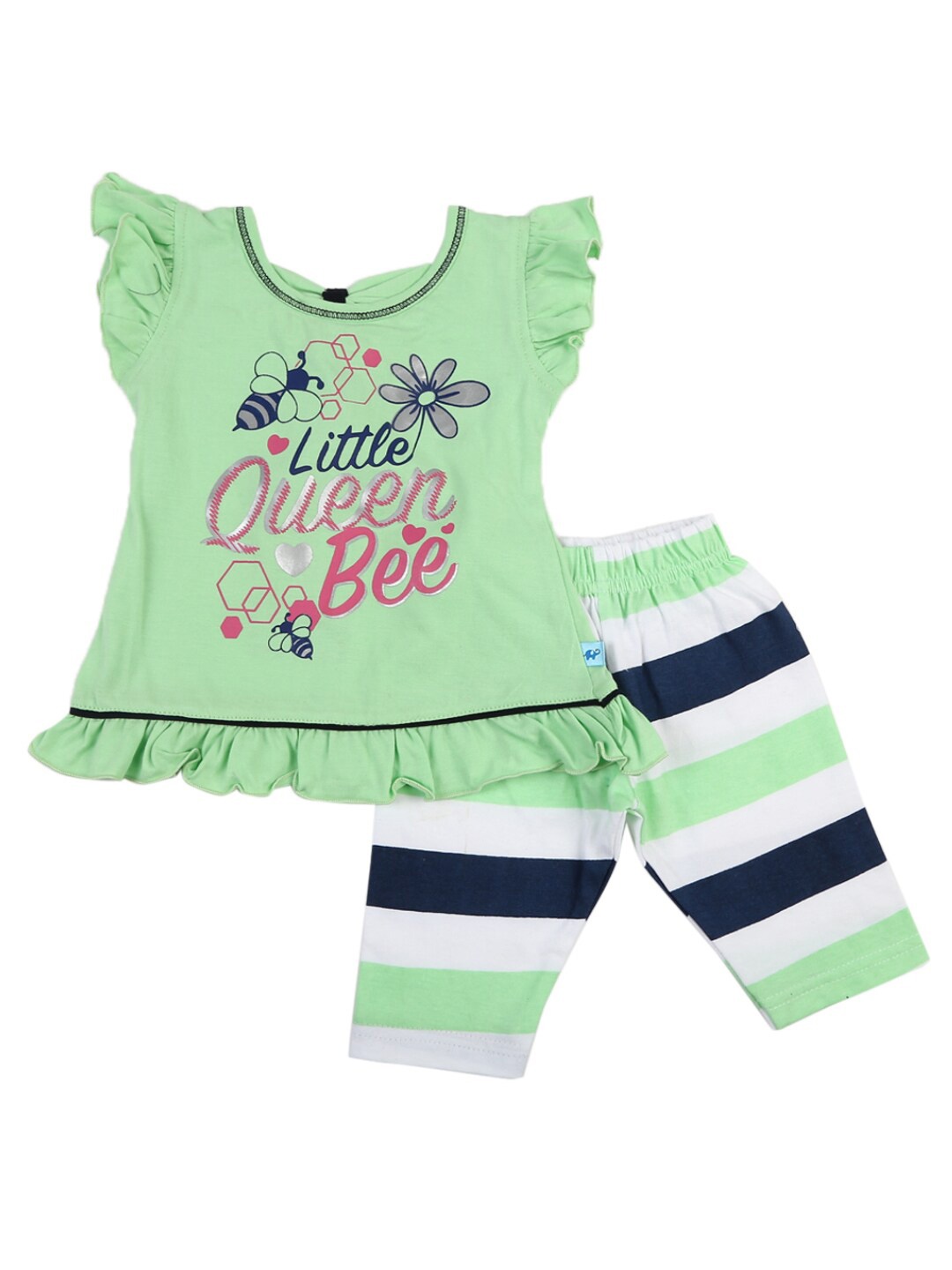 

V-Mart Infant Girls Green & Navy Blue Printed Cotton Top with Trouser