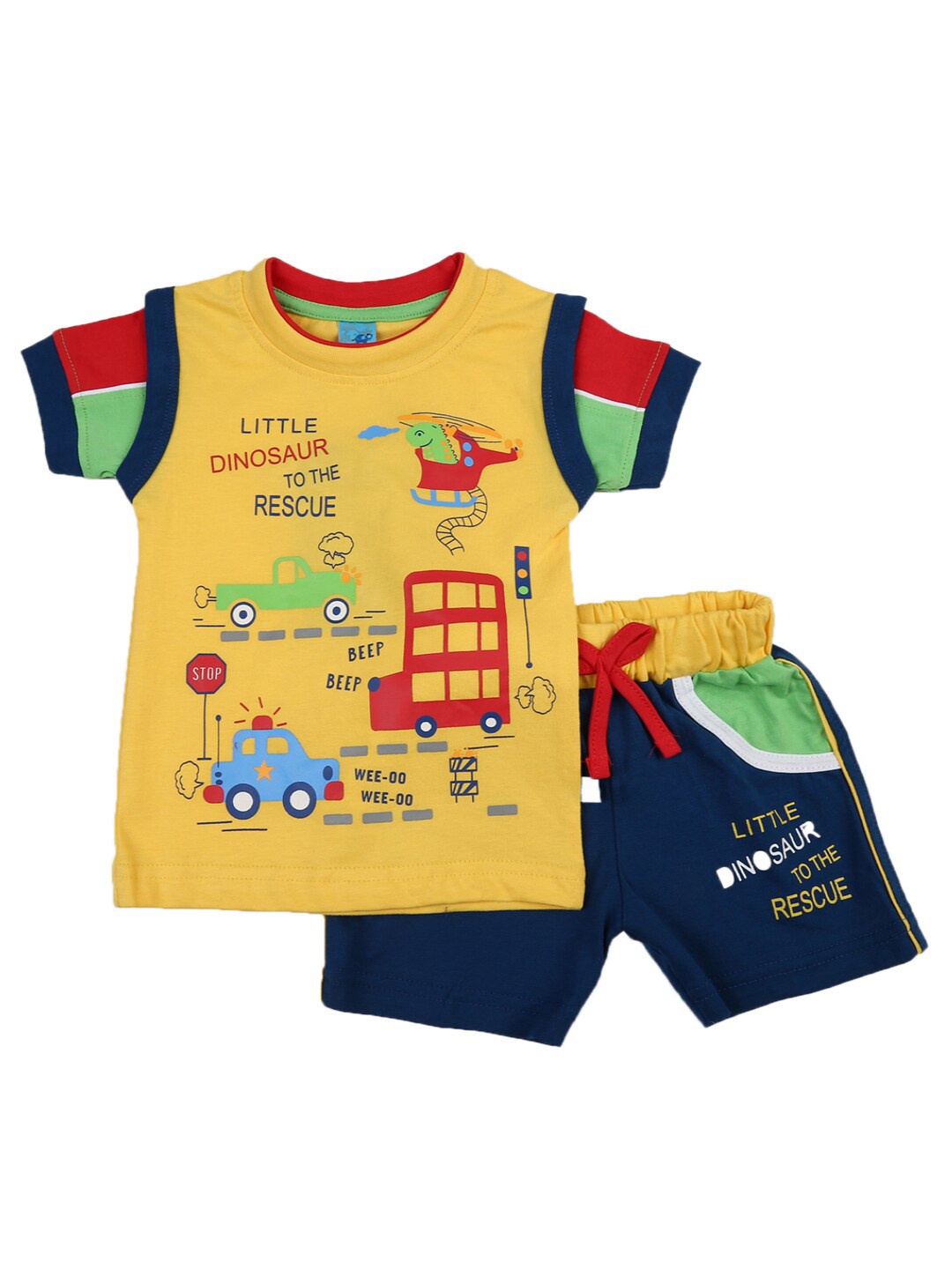 

V-Mart Kids Yellow & Navy Blue Printed Pure Cotton T-shirt with Shorts