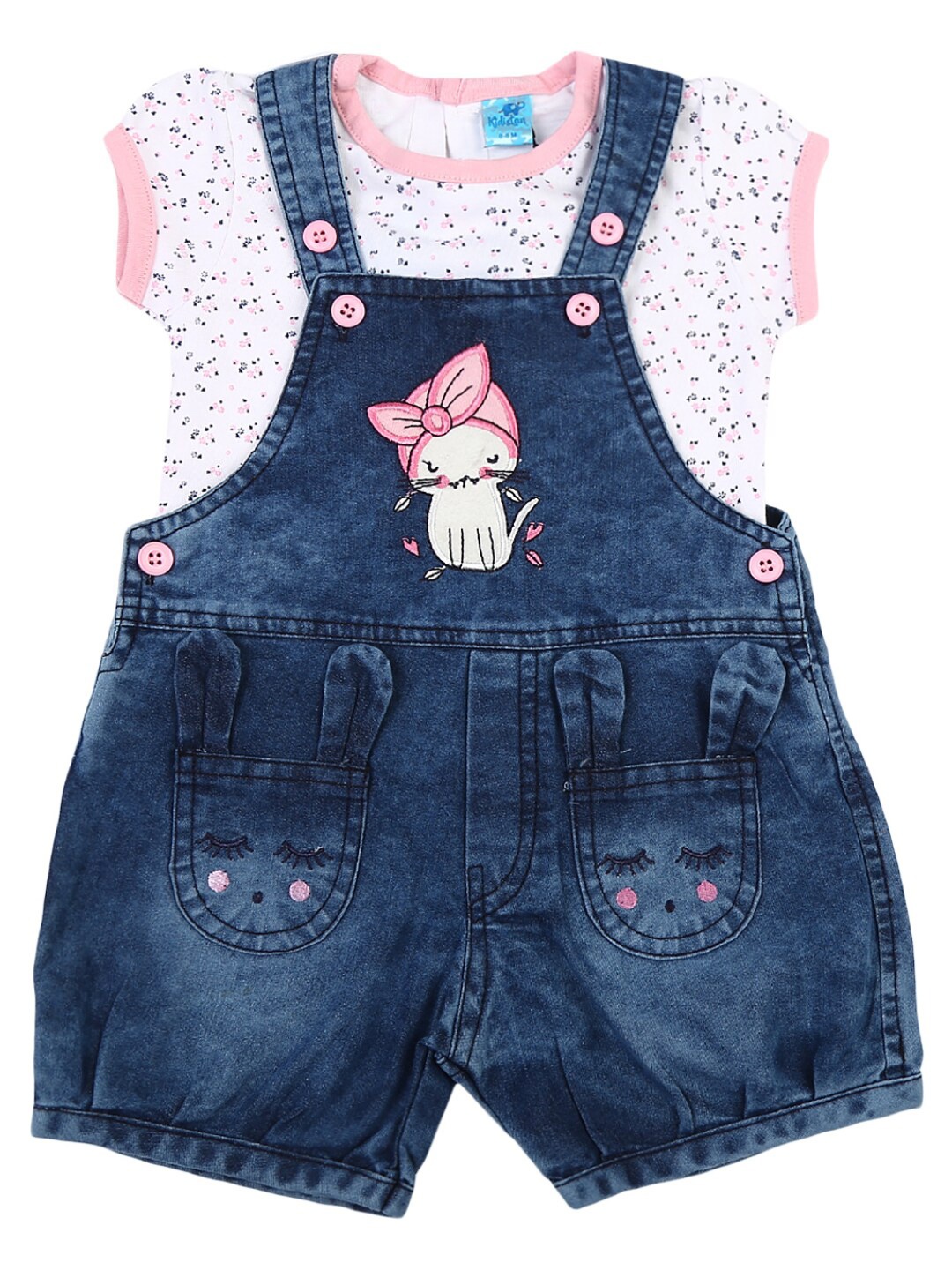 

V-Mart Infant Girls White & Blue Printed Cotton T-shirt with Dungaree Shorts