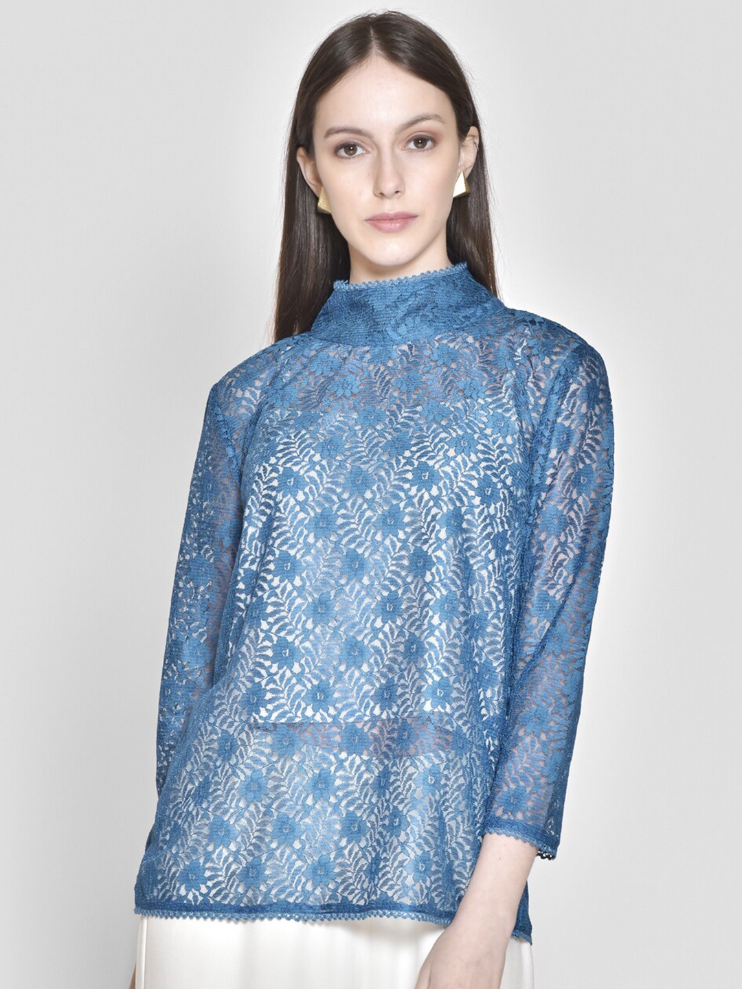 

250 DESIGNS Blue Sheer Lace Top