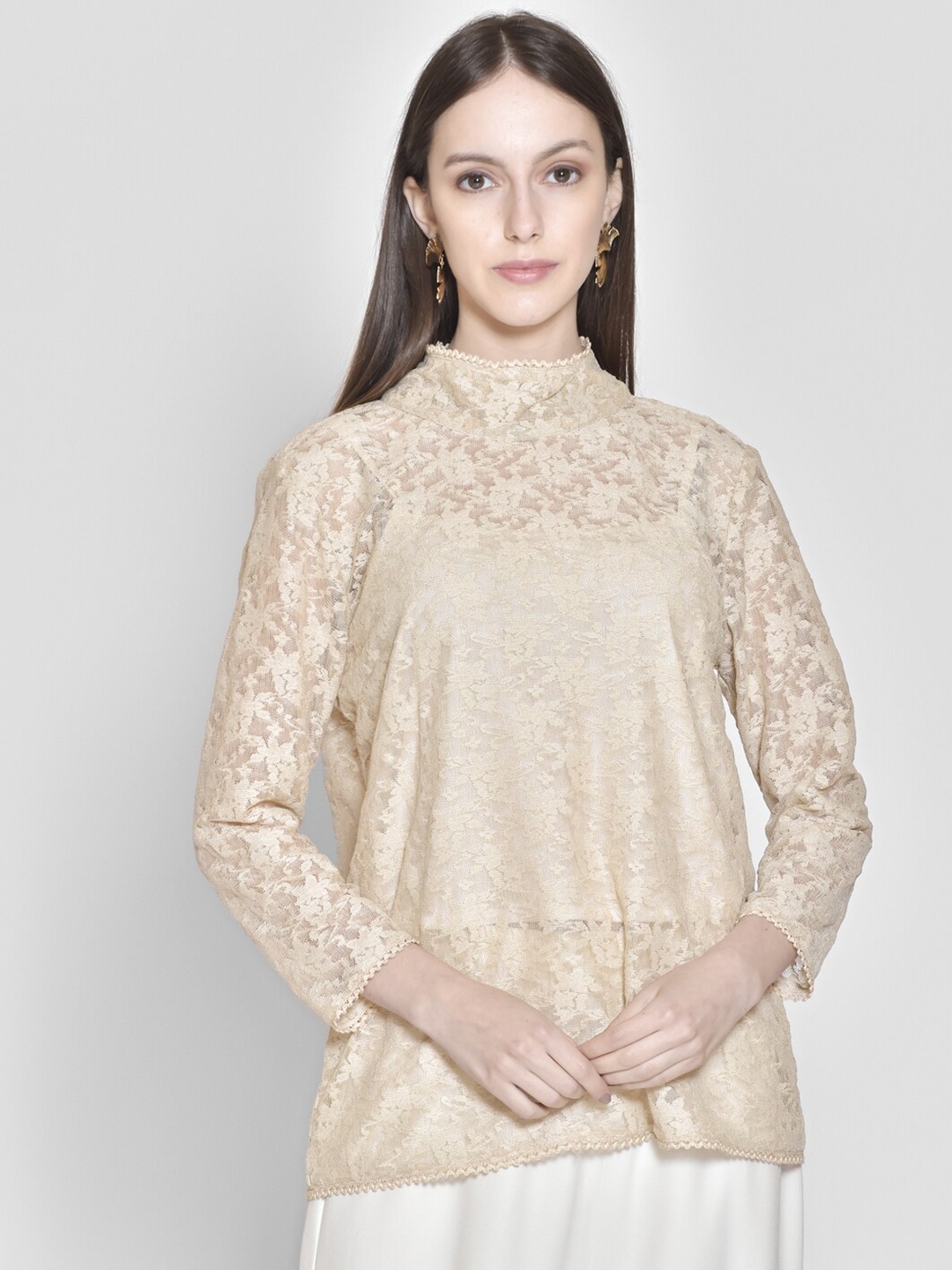 

250 DESIGNS Beige Floral Sheer Lace Top