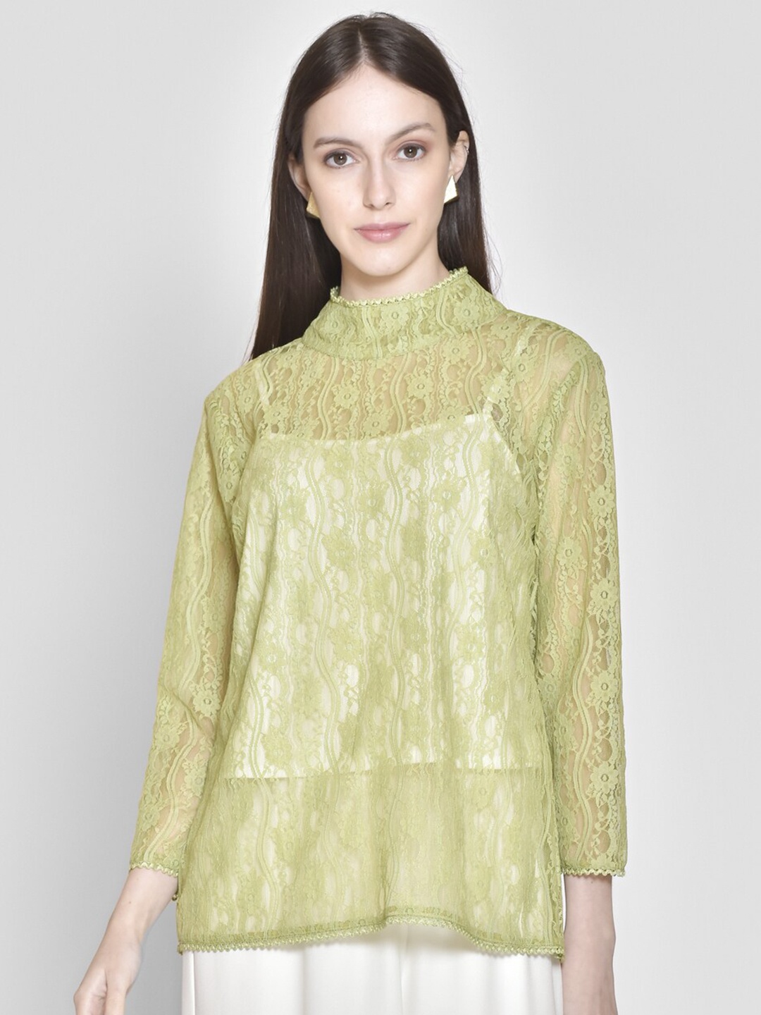 

250 DESIGNS Women Olive Green Sheer Lace Top