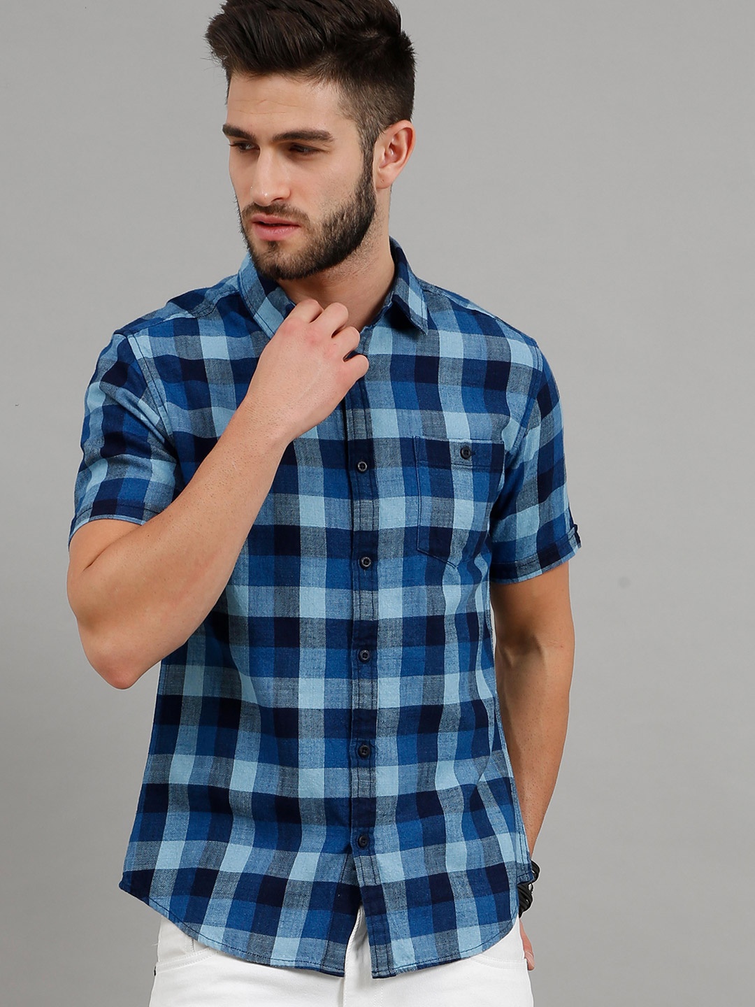 

HERE&NOW Men Blue Slim Fit Tartan Checked Casual Shirt