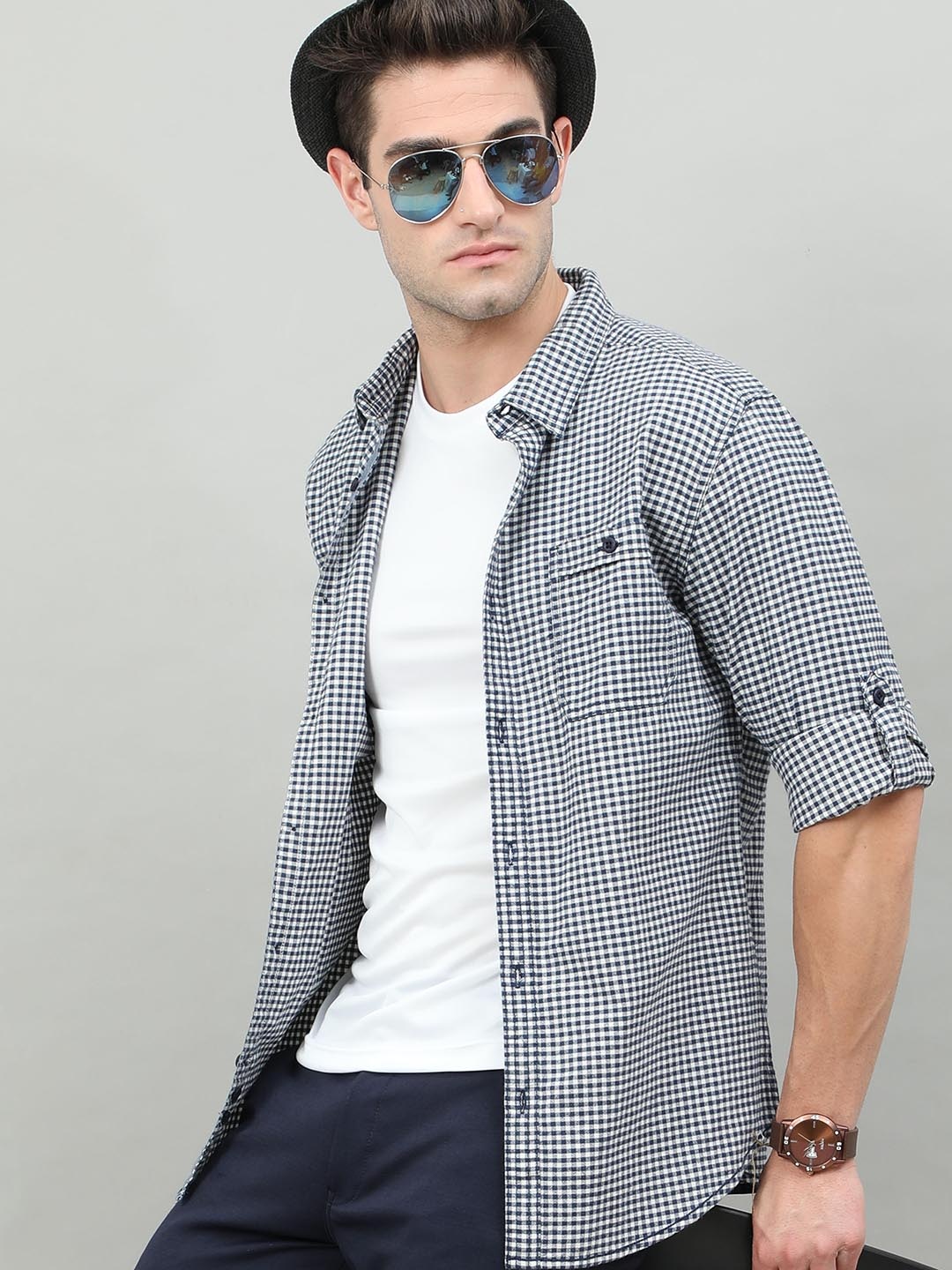 

HERE&NOW Men Navy Blue Slim Fit Checked Casual Shirt