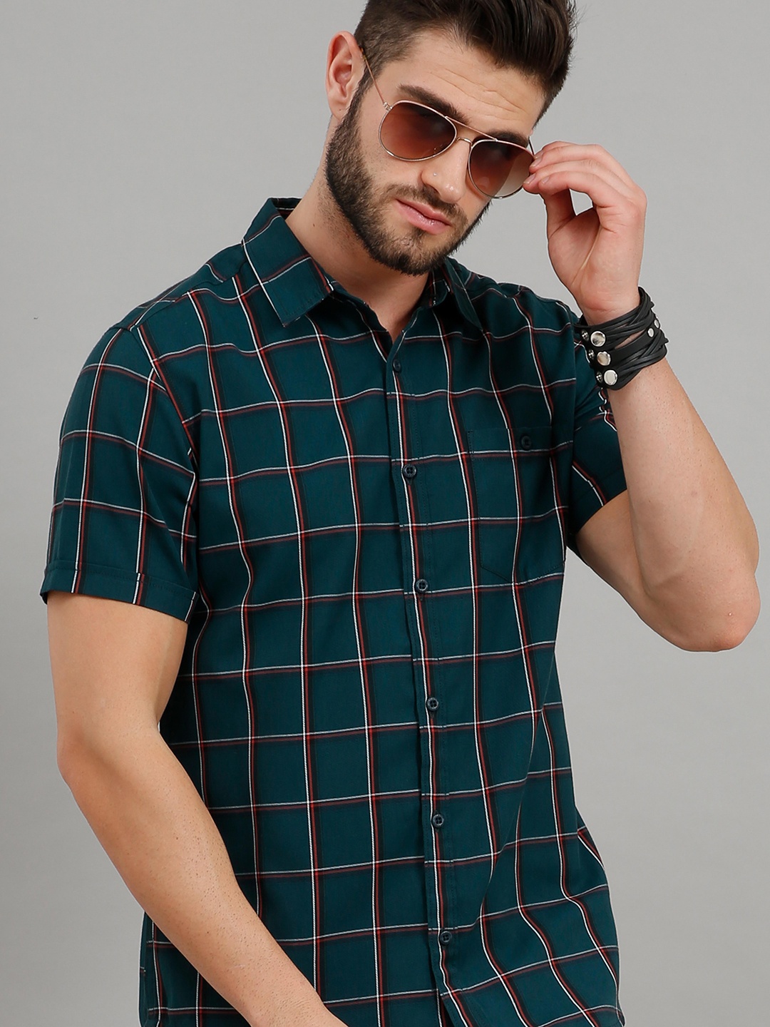 

HERE&NOW Men Green & Orange Slim Fit Checked Casual Shirt