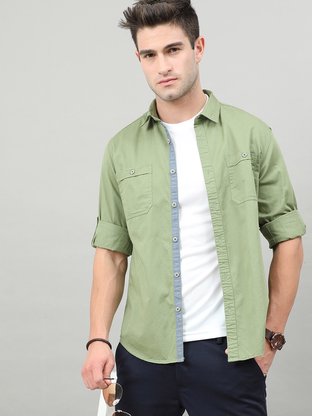 

HERE&NOW Men Olive Green Solid Slim Fit Cotton Casual Shirt