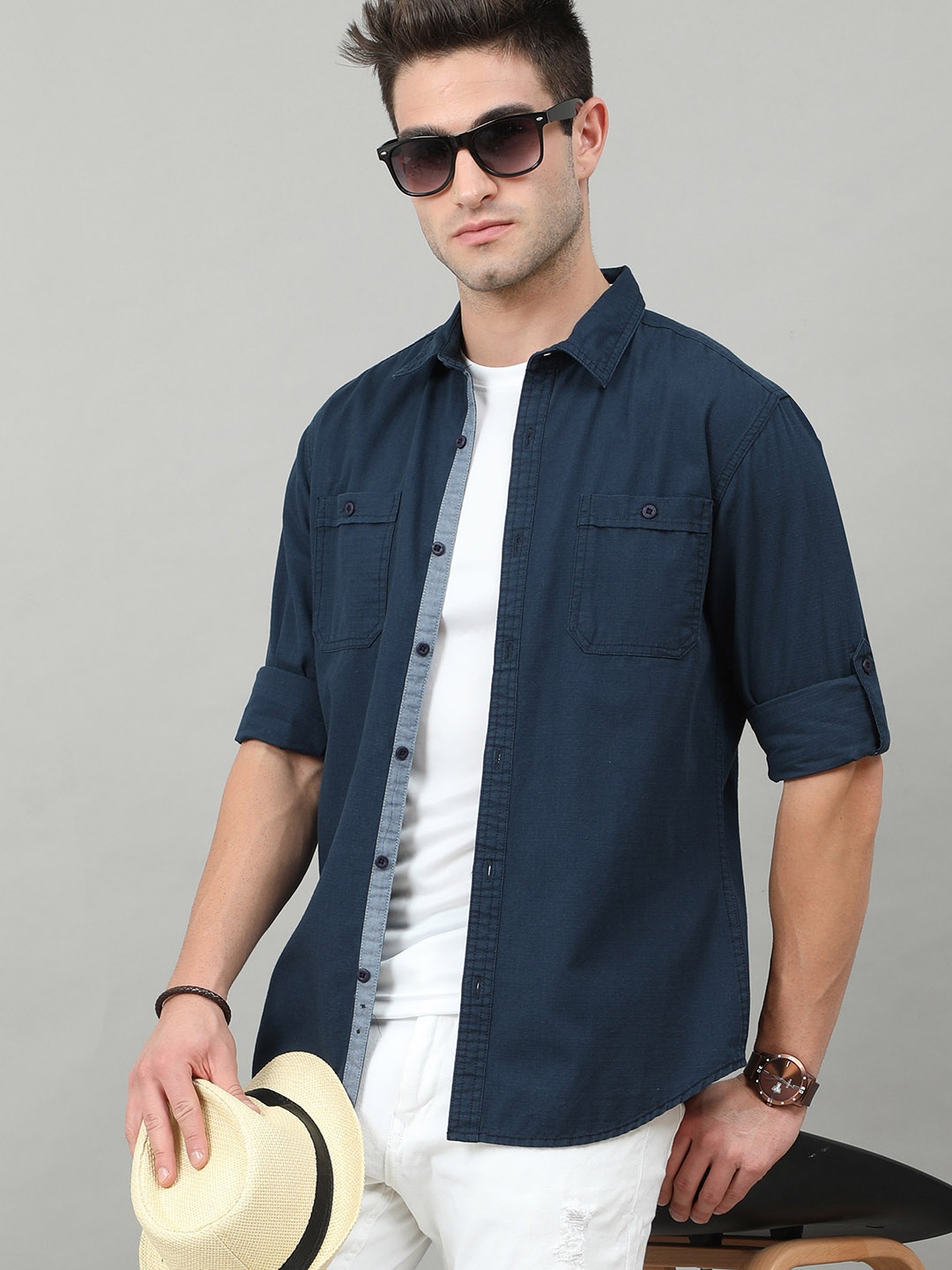 

HERE&NOW Men Navy Blue Slim Fit Cotton Casual Shirt