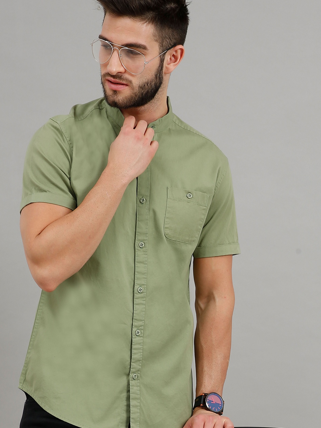 

HERE&NOW Men Olive Green Slim Fit Cotton Casual Shirt