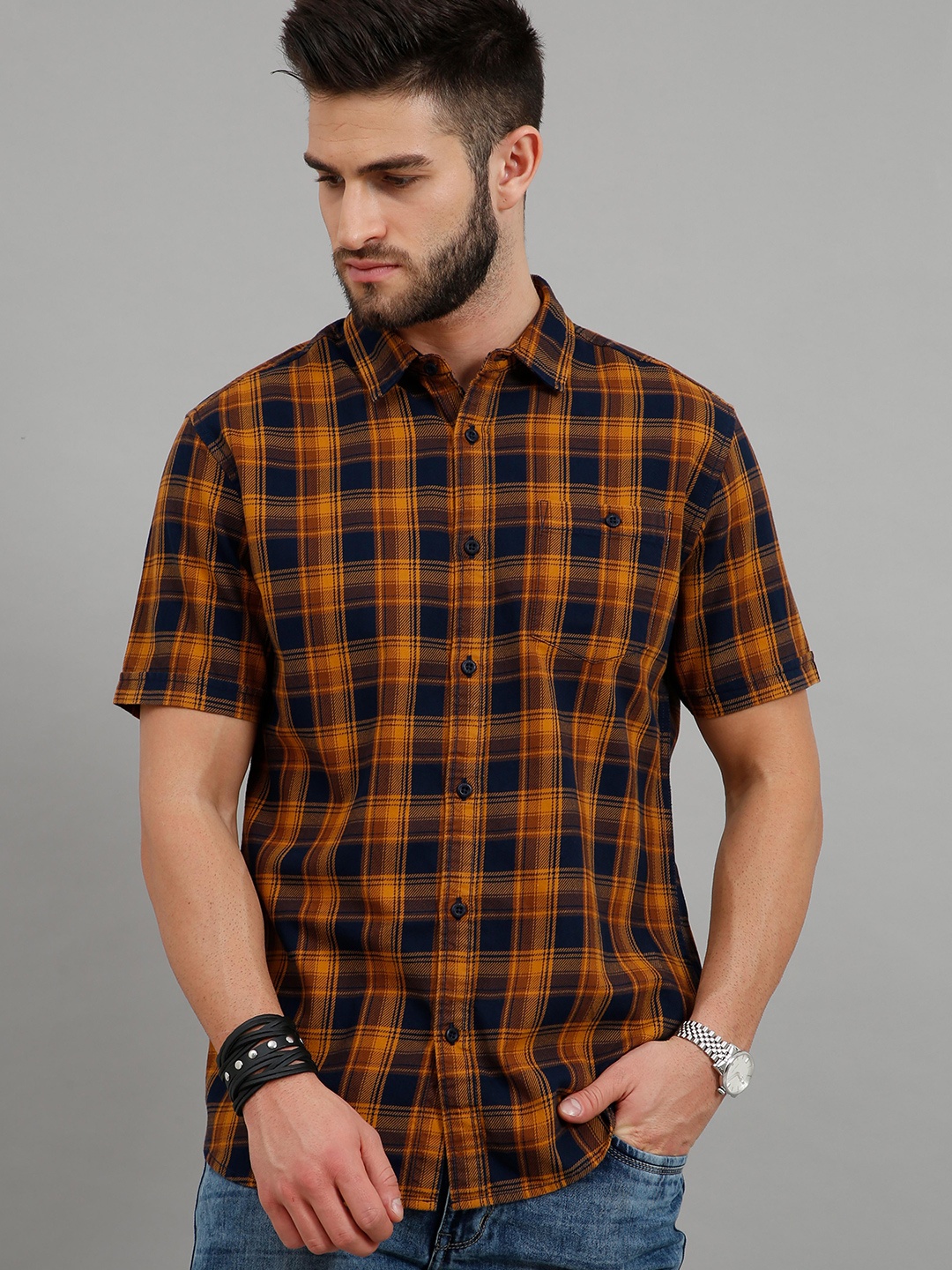 

HERE&NOW Men Navy Blue Slim Fit Checked Casual Shirt