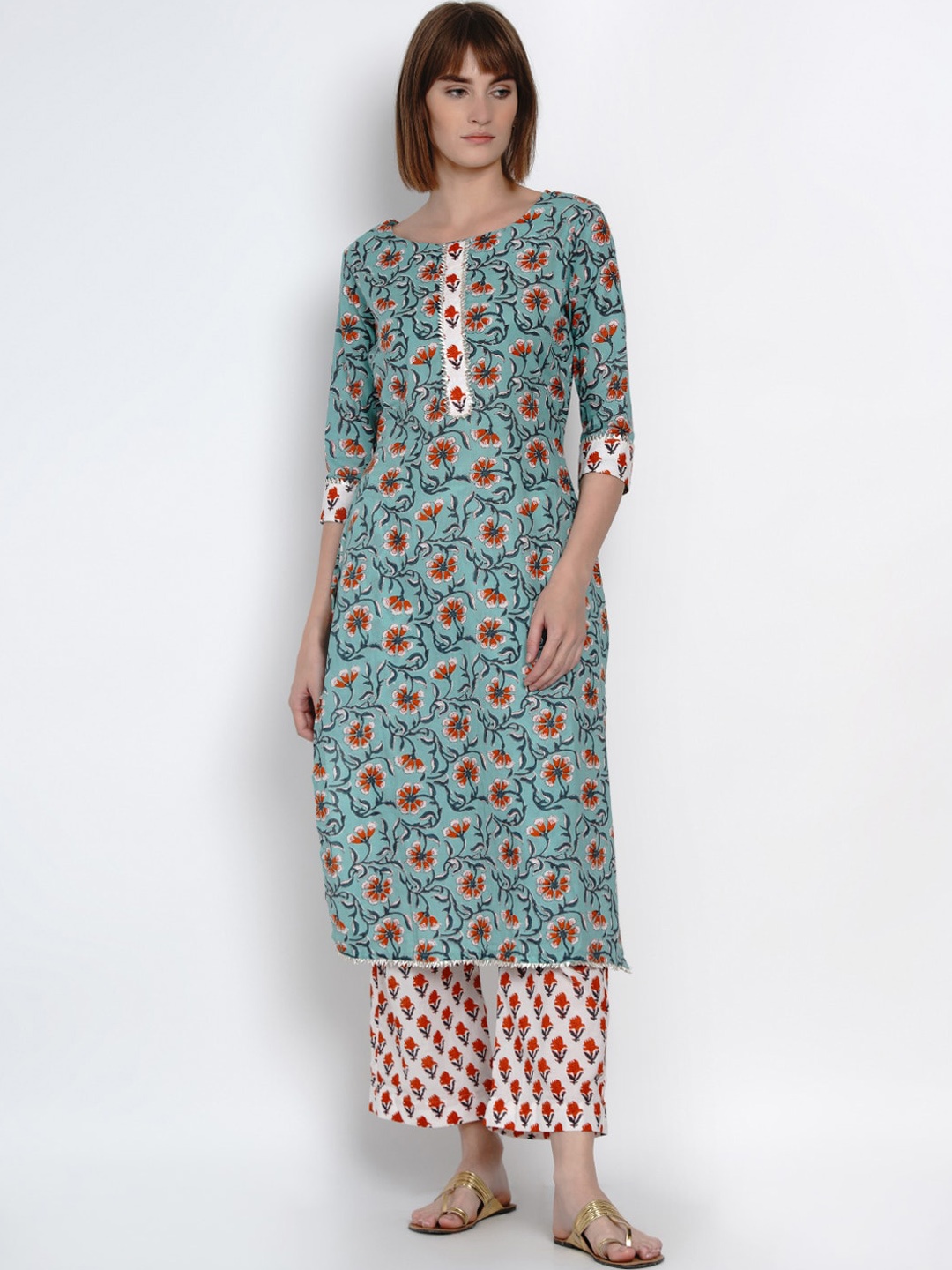 

Women Republic Women Green Floral Printed Pure Cotton Kurta with Palazzos