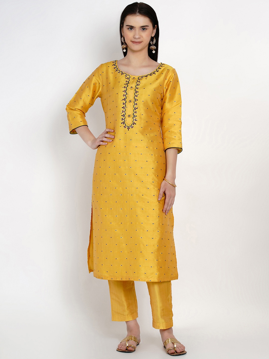 

Women Republic Women Yellow Embroidered Kurta with Trousers