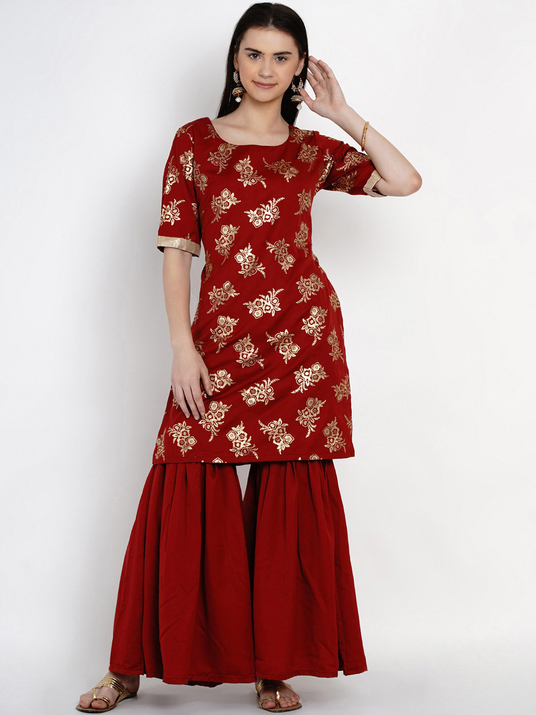

Women Republic Women Maroon Gold foil Printed Kurti with Sharara