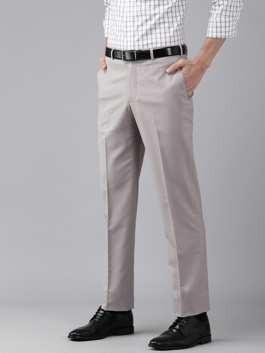 

Park Avenue Men Grey Solid Mid-Rise Formal Trousers