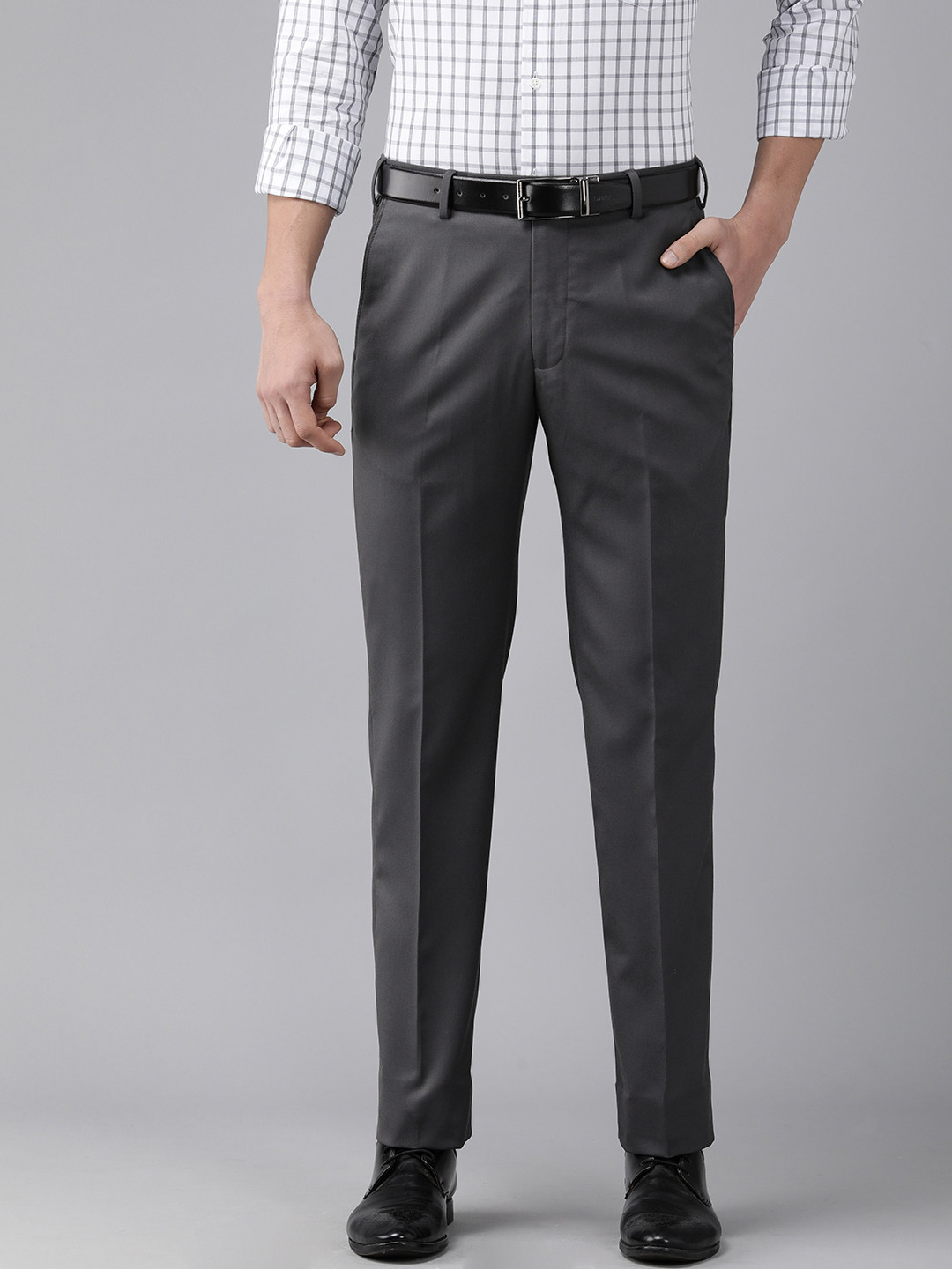 

Park Avenue Men Medium Grey Self Designed Mid Rise Regular Fit Formal Trousers
