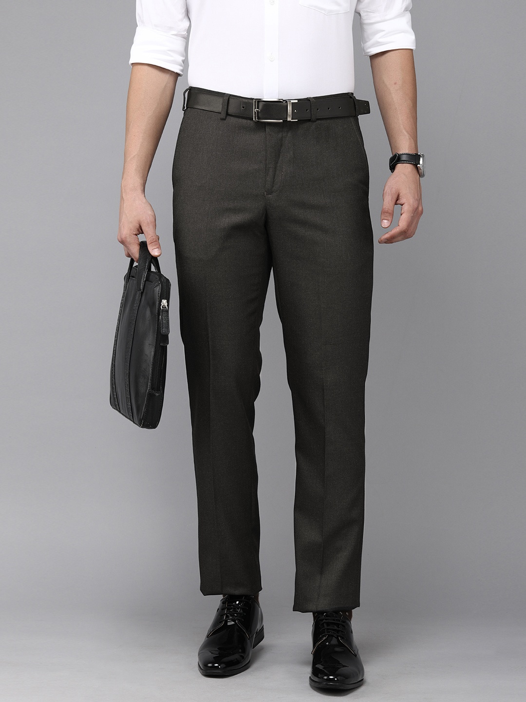 Park Avenue Men Dark Grey Solid Mid-Rise Formal Trousers