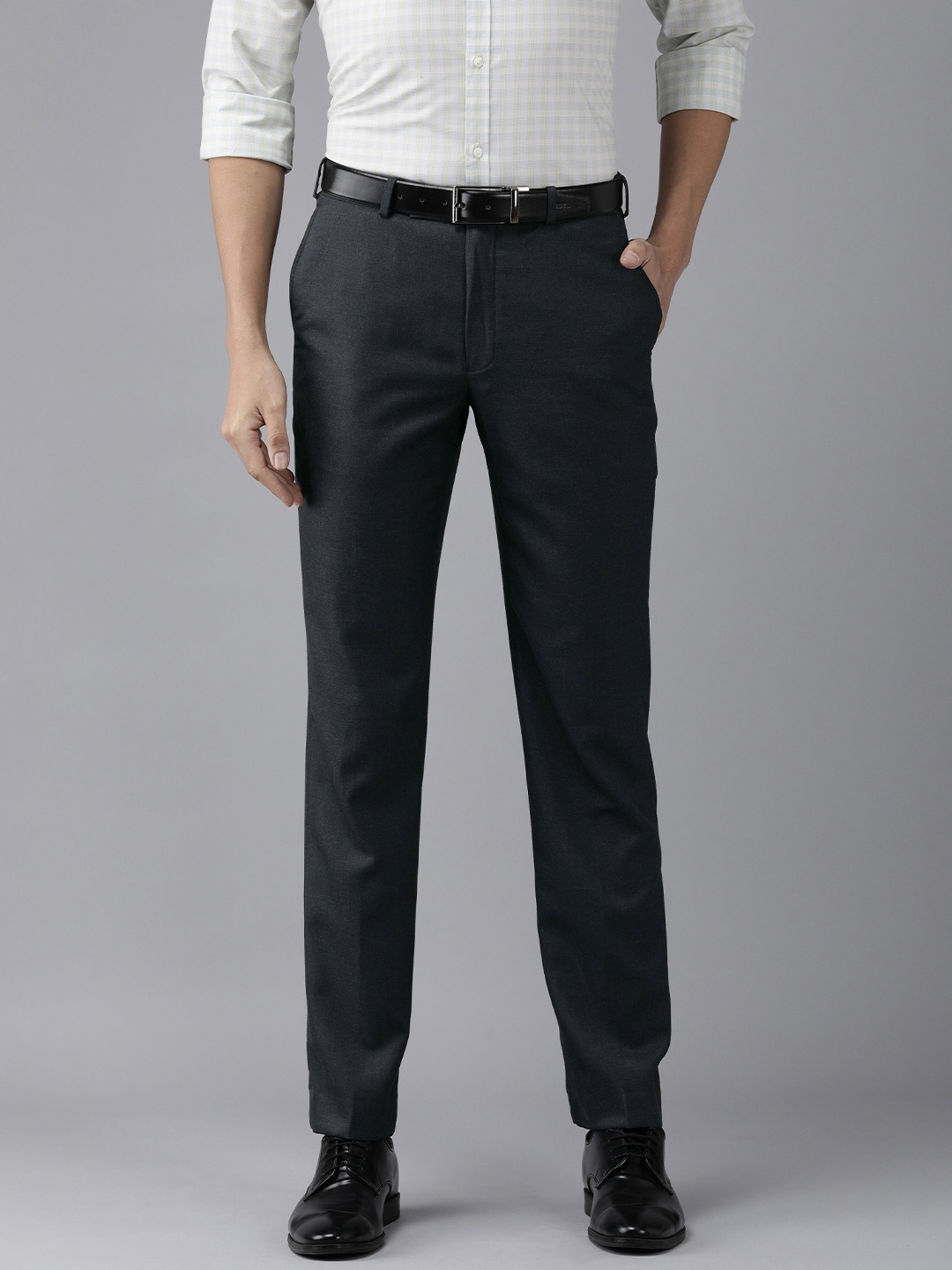 

Park Avenue Men Navy Blue Textured Smart Fit Formal Trousers