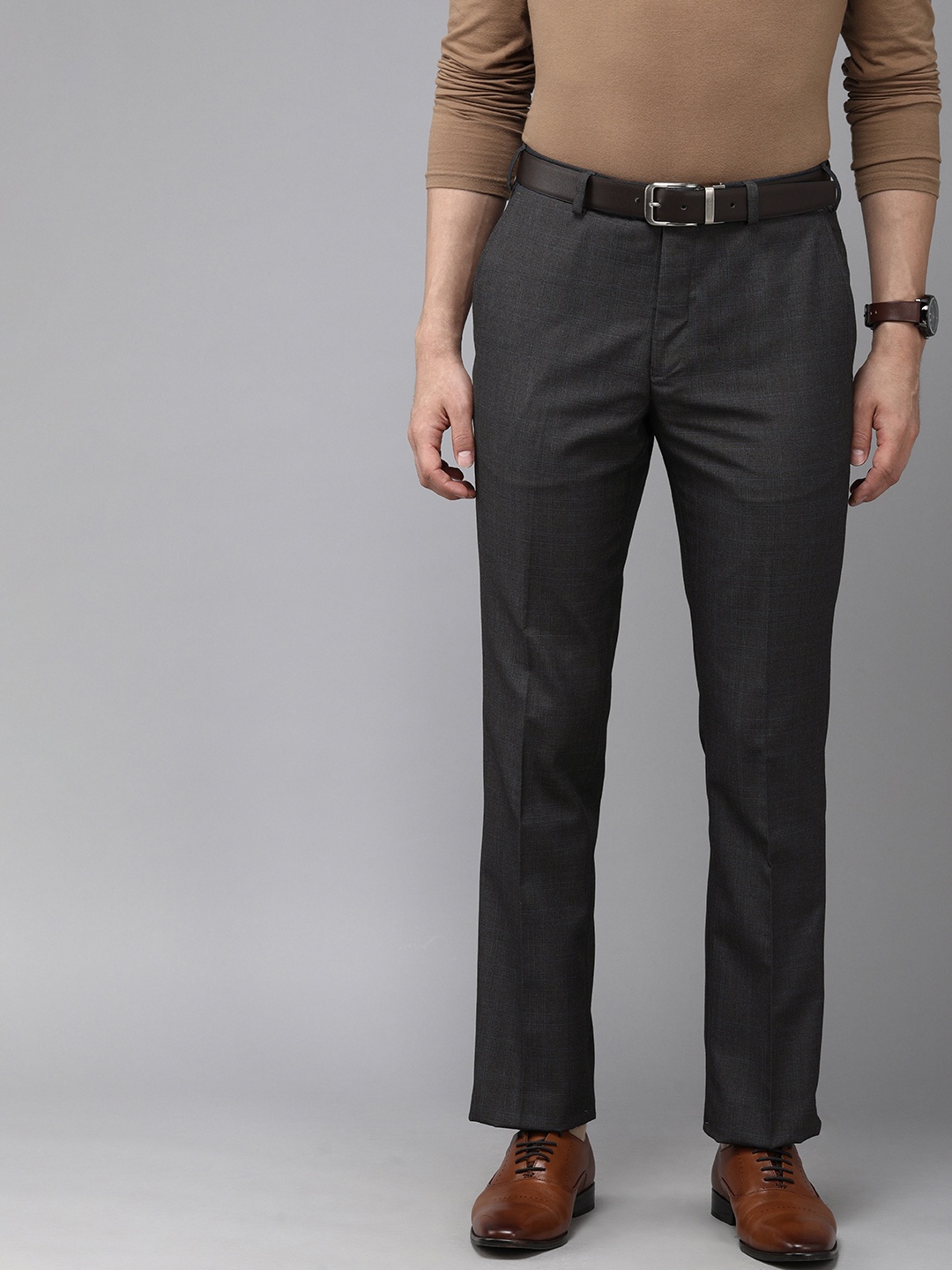 

Park Avenue Men Grey Solid Smart Slim Tapered Fit Low-Rise Formal Trousers