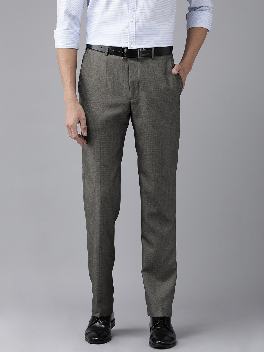 

Park Avenue Men Grey Textured Smart Fit Formal Trousers