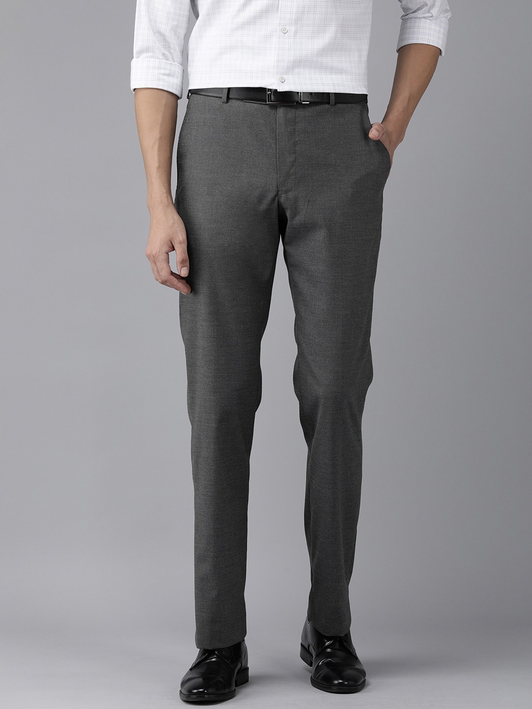 

Park Avenue Men Grey Self Design Mid-Rise Formal Trousers