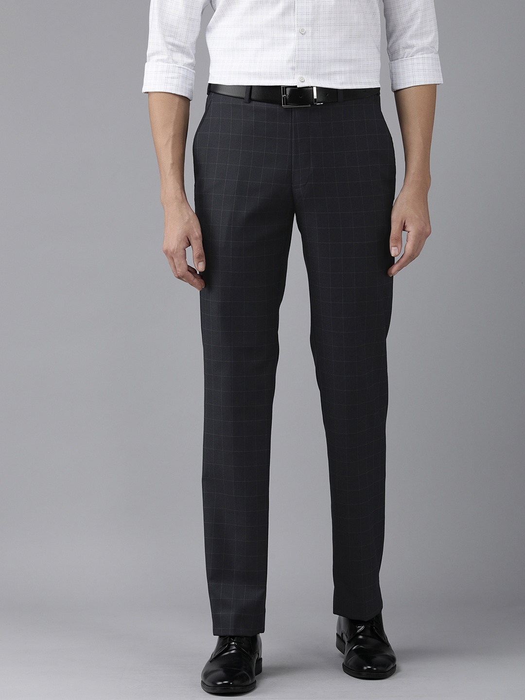 

Park Avenue Men Dark Blue Checked Mid-Rise Formal Trousers