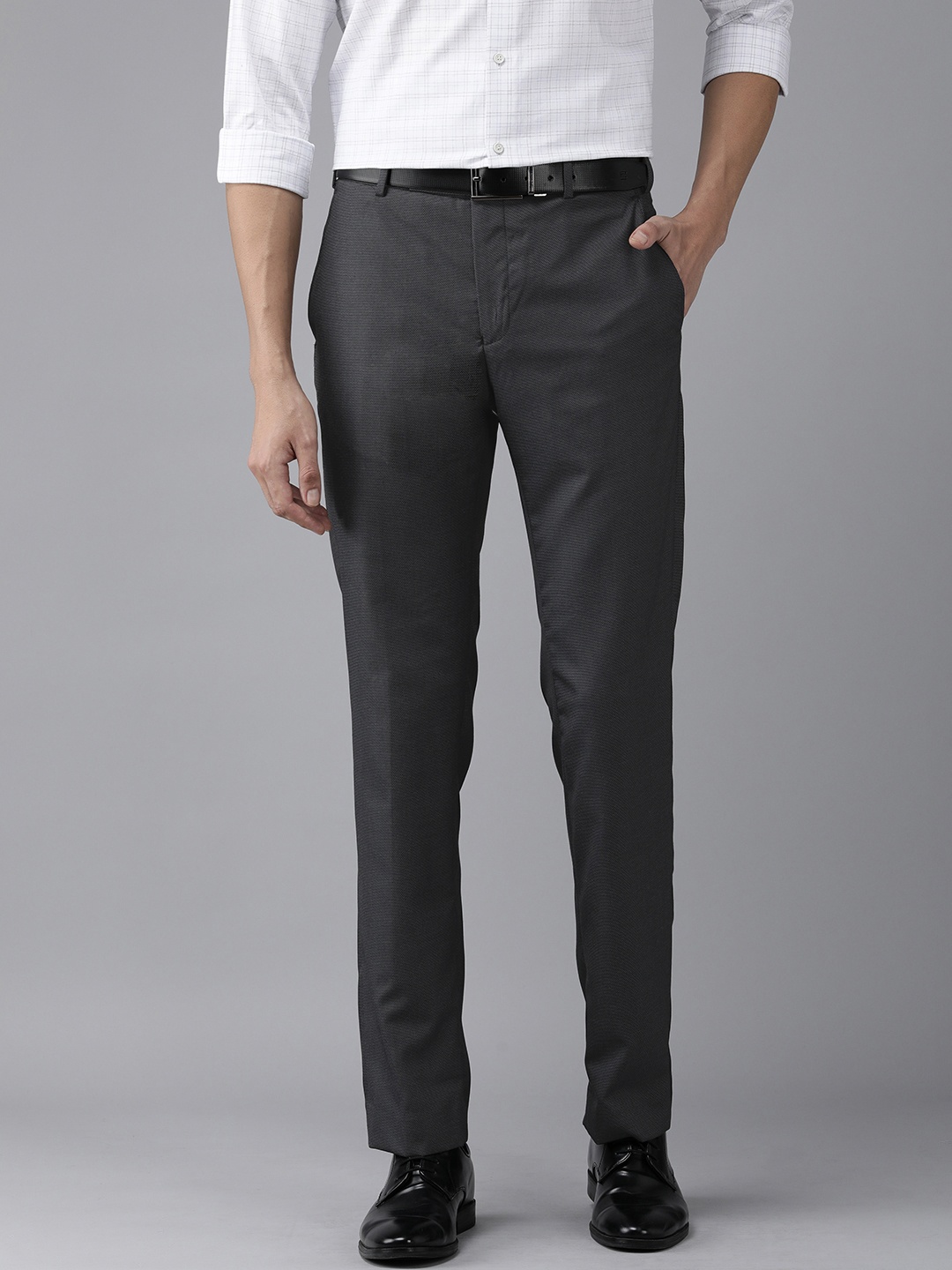 

Park Avenue Men Dark Grey Self Design Mid-Rise Formal Trousers