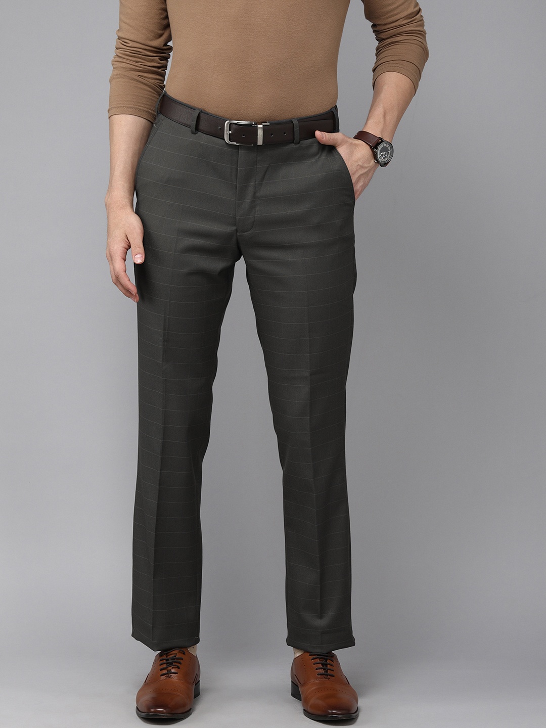 

Park Avenue Men Grey Checked Smart Slim Tapered Fit Low-Rise Formal Trousers